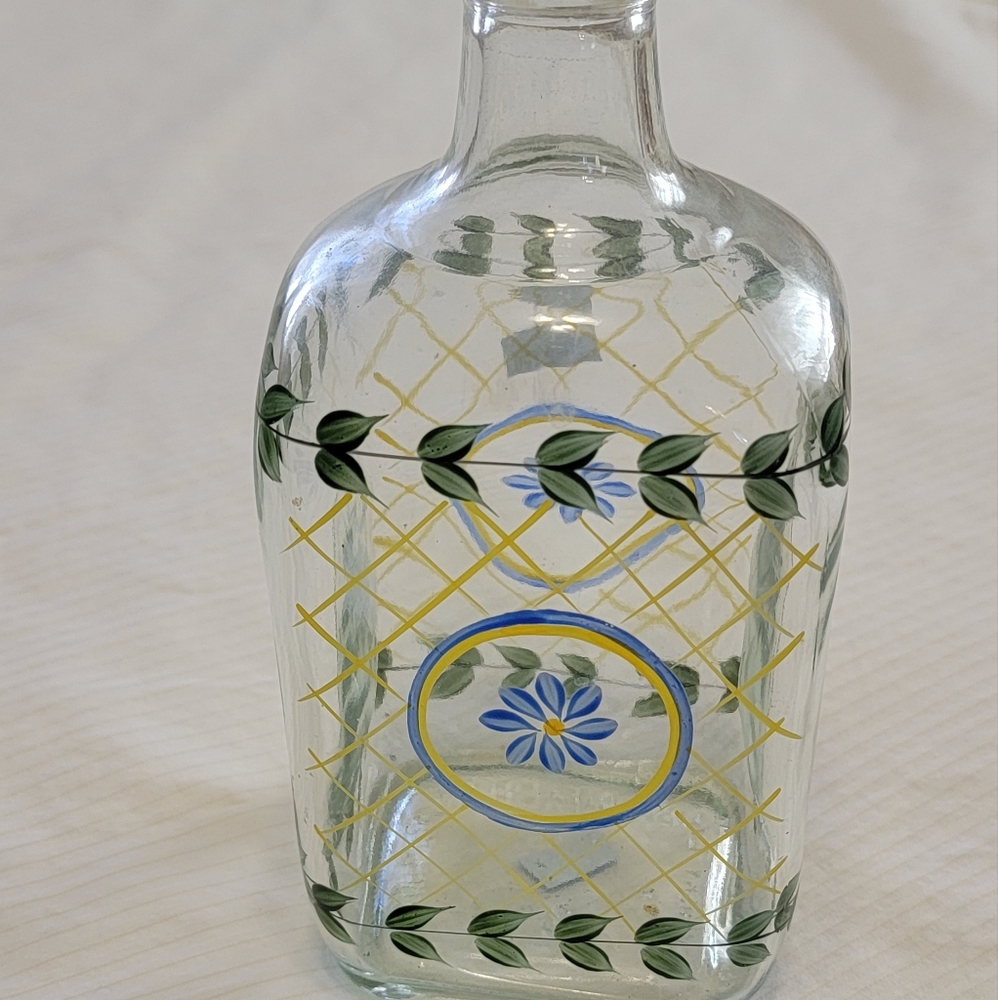 CASAFINA Made in Portugal Whisky Decanter Hand Painted Green Blue Floral 1 pt.